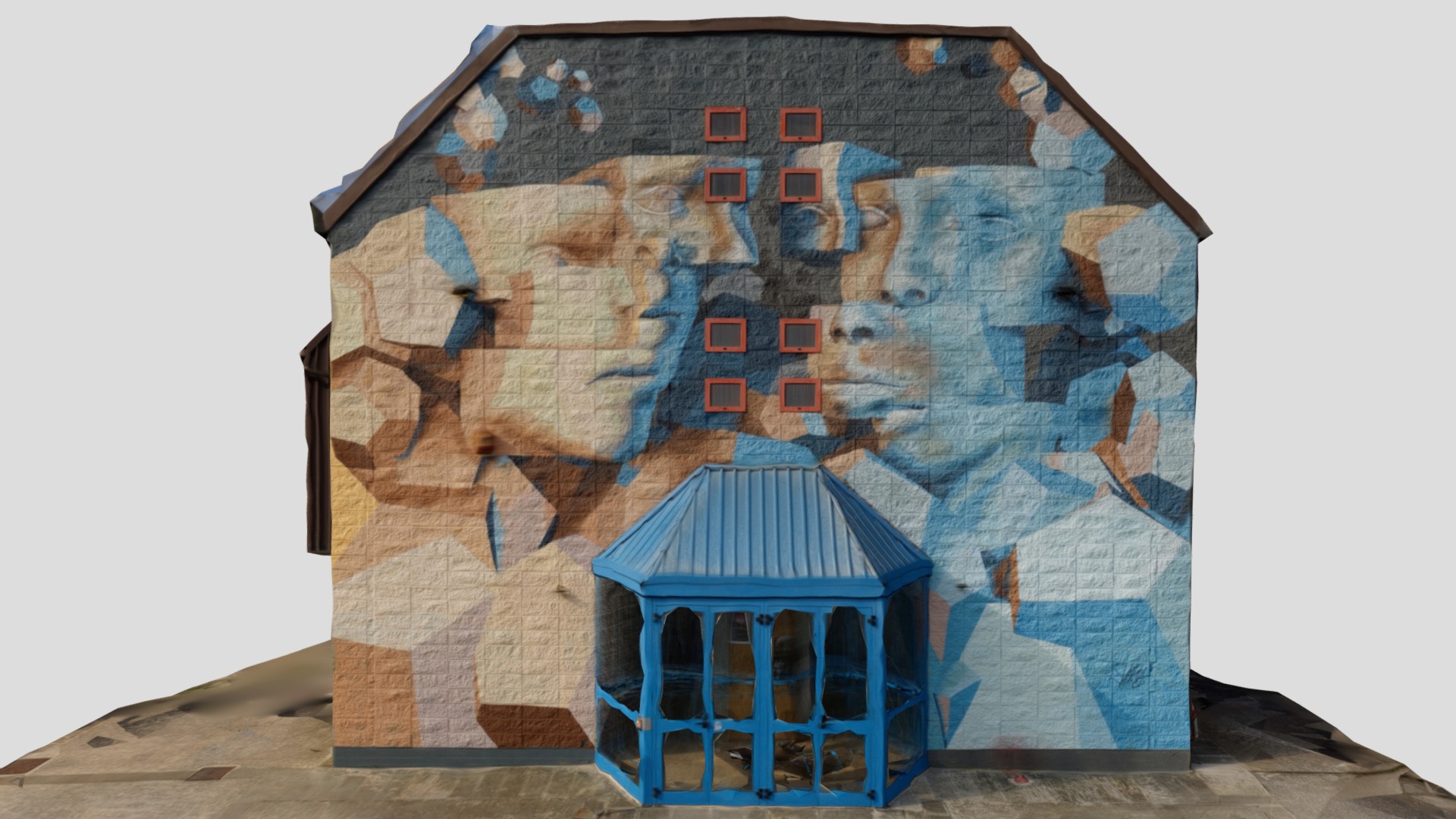 3D model Murales on the side of Multipurpose Theater - This is a 3D model of the Murales on the side of Multipurpose Theater. The 3D model is about a building with a blue roof.