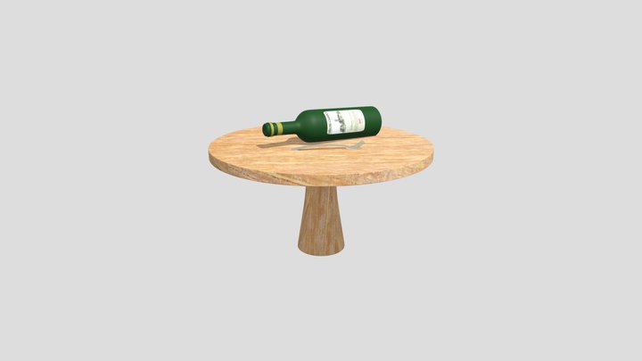Mesa de madera con botella y tenedor 3D Model