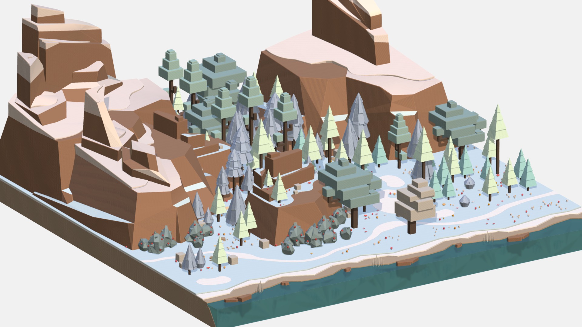 3D model Isometric style winter big mountain landscape - This is a 3D model of the Isometric style winter big mountain landscape. The 3D model is about a toy house made of building blocks.