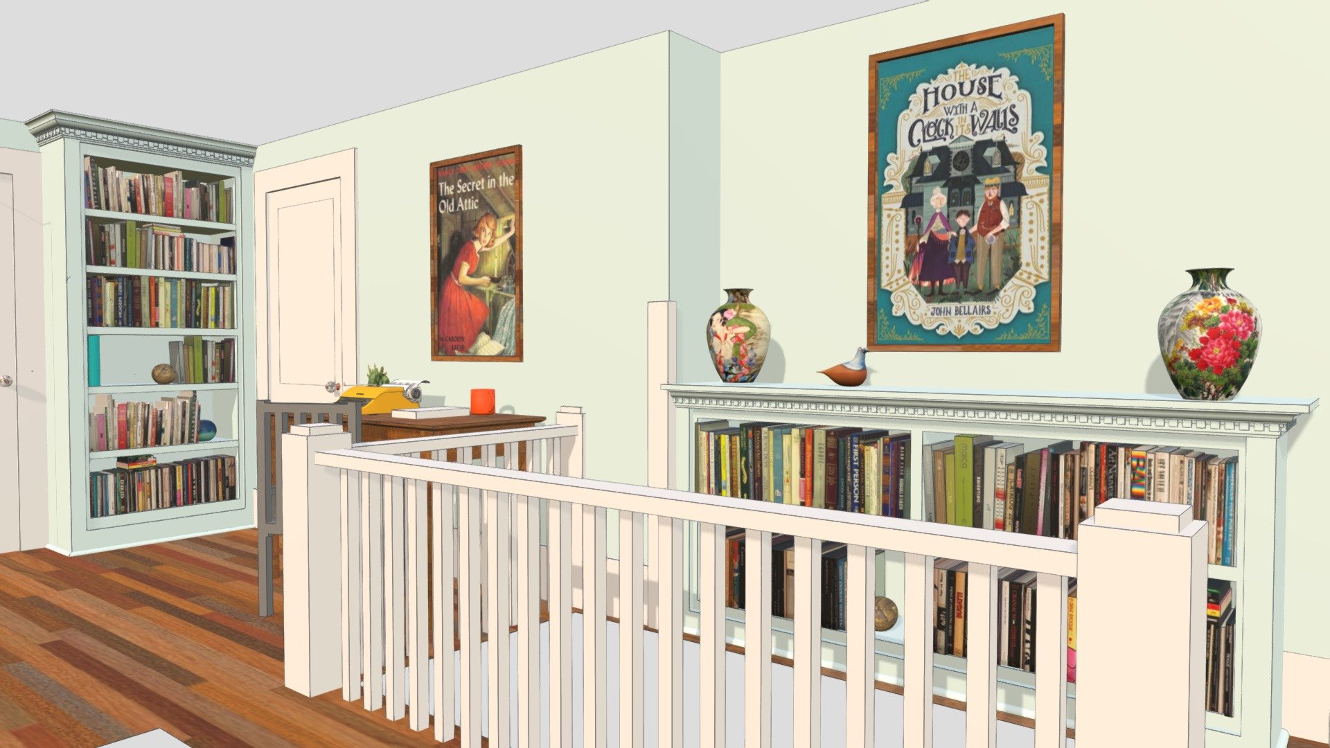 Two blue bookcases in a hallway v1