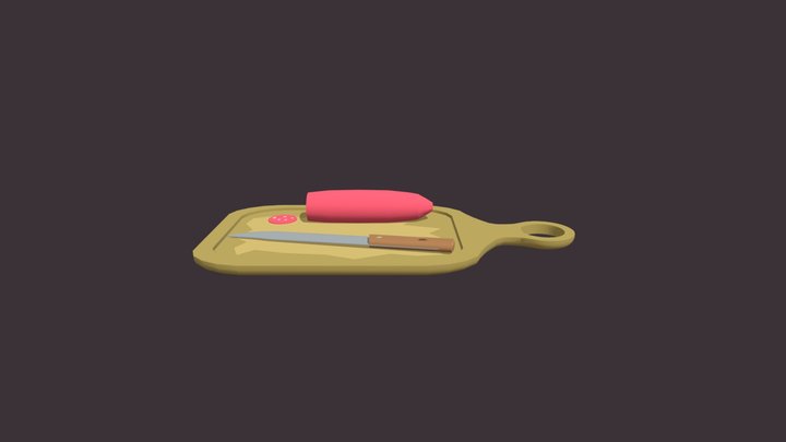 Knife, Cutting Board & Sausage Draft 3D Model