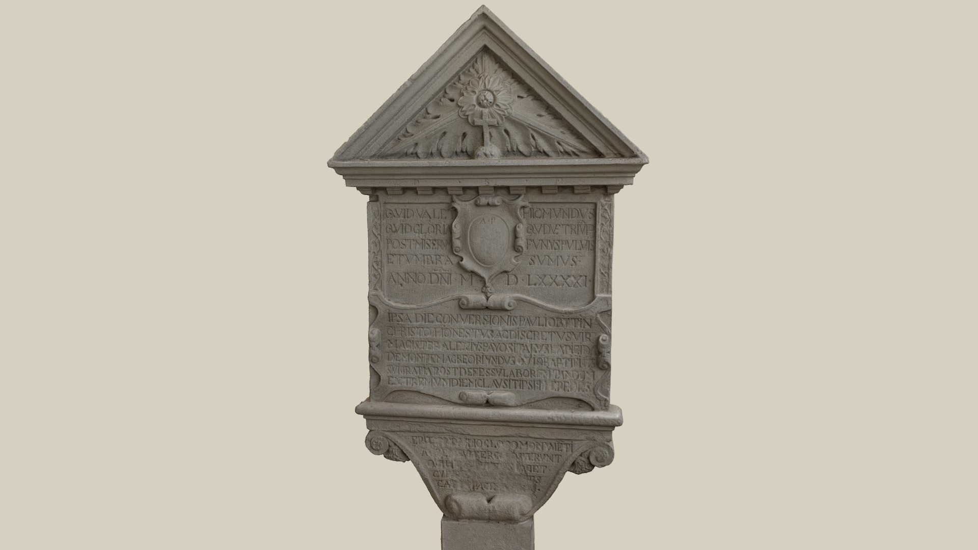 3D model Epitaph Alexius Payos - This is a 3D model of the Epitaph Alexius Payos. The 3D model is about a stone pillar with a carved face.