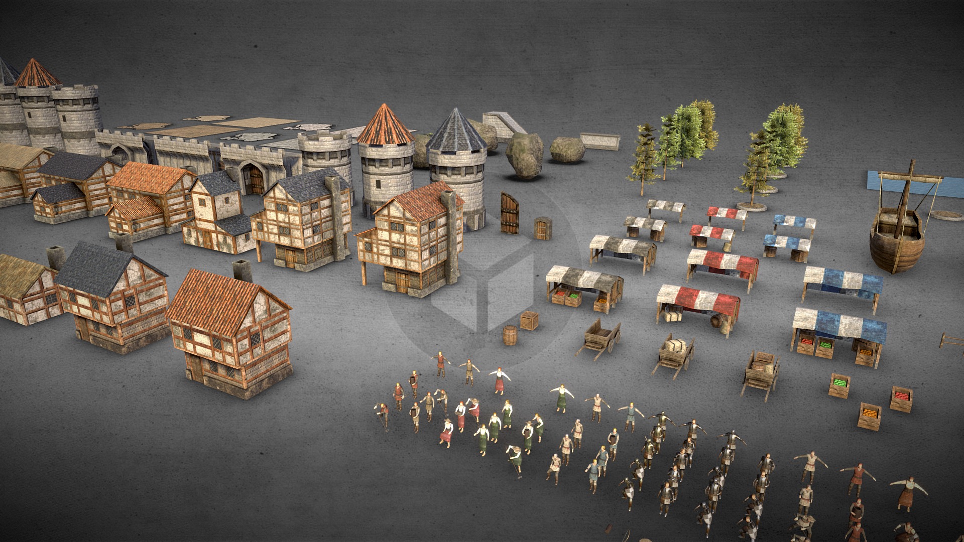3D model Medieval City Low Poly PBR Pack - This is a 3D model of the Medieval City Low Poly PBR Pack. The 3D model is about a group of buildings with trees and a road in the background.