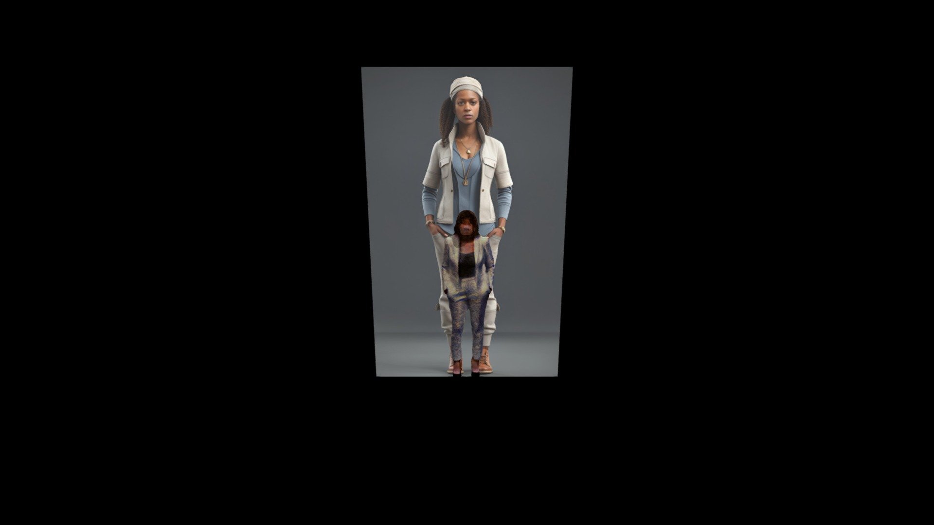 arafed woman in a blue shirt and tan pants poses - Download Free 3D ...