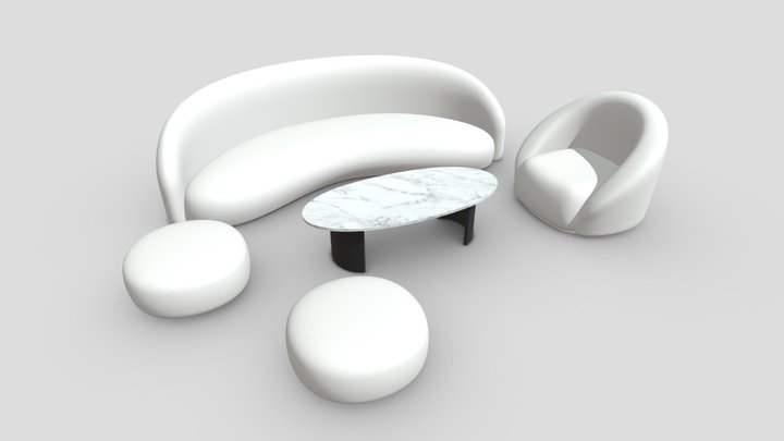 Curved Sofa Set - White 3D Model