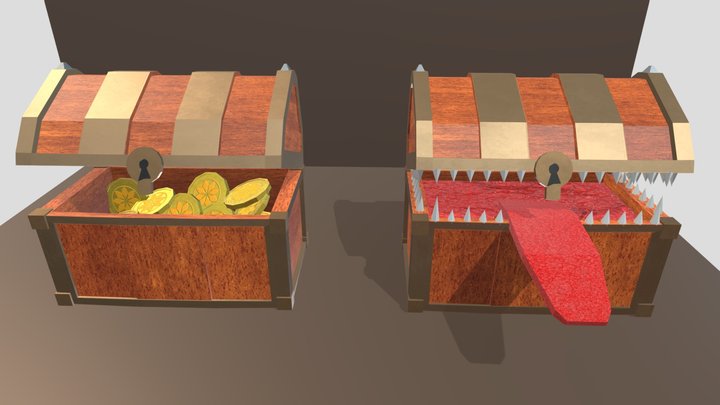 Low Poly treasure chest and mimic chest 3D Model