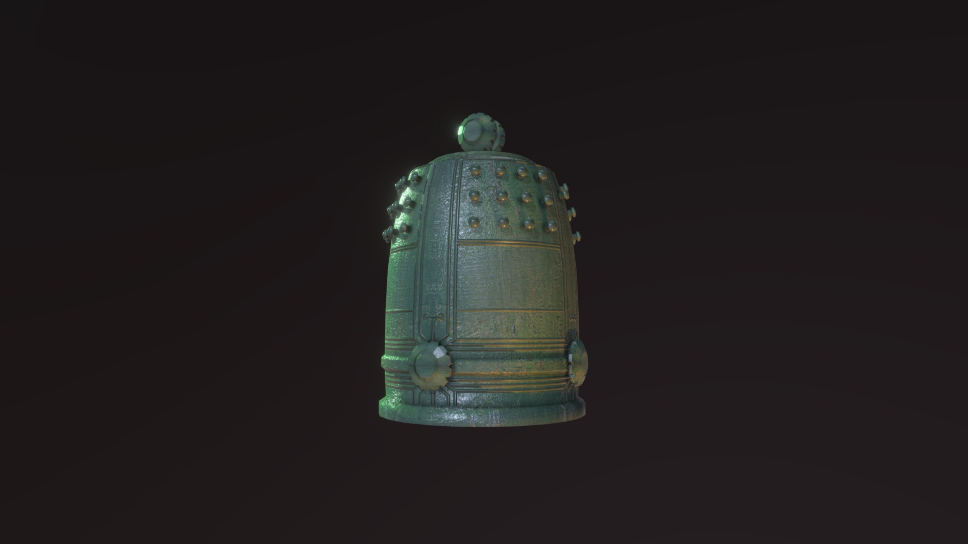 3D model Japanese Buddhist Bell – Bonshō - This is a 3D model of the Japanese Buddhist Bell - Bonshō. The 3D model is about a green and gold metal object.