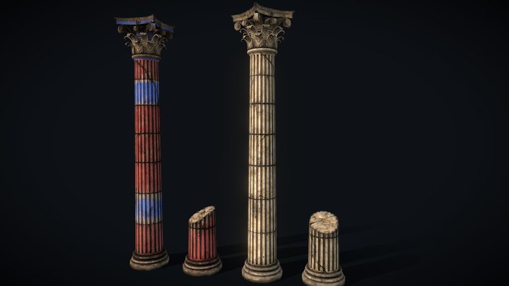 Ruined ornate pillars asset pack (low poly) 3D Model